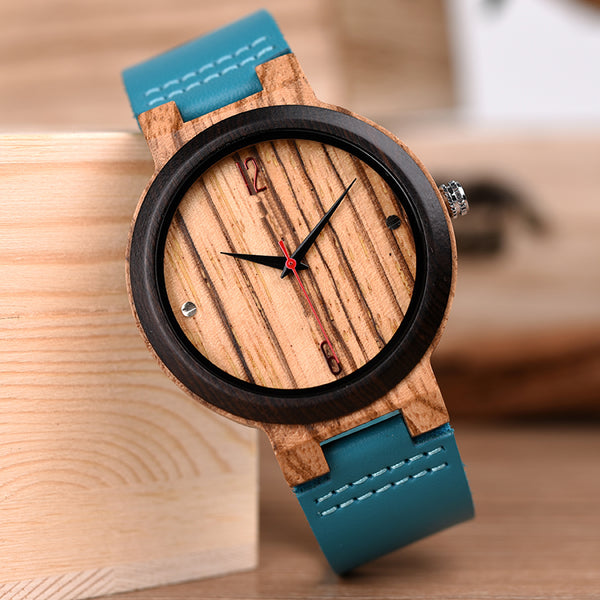 Derichi Blue Leather Wooden Watch